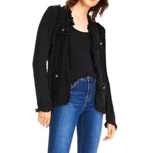 Chic Black Knit Cardigan Blazer Fringe Crochet Size Small